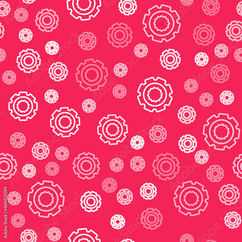 White line Gear icon isolated seamless pattern on red background. Cogwheel gear settings sign. Cog symbol. Vector