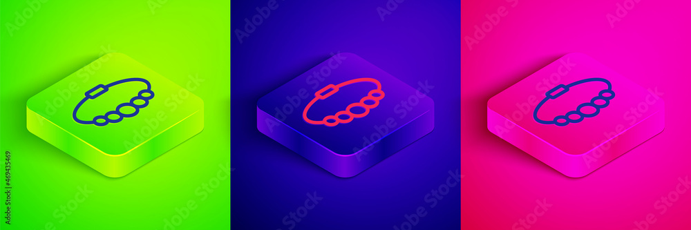 Isometric line Bracelet jewelry icon isolated on green, blue and pink background. Bangle sign. Square button. Vector Isometric line Bracelet jewelry icon isolated on green, blue and pink background. Bangle sign. Square button. Vector