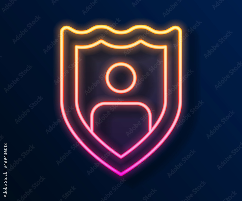 Glowing neon line Life insurance with shield icon isolated on black background. Security, safety, protection, protect concept. Vector Glowing neon line Life insurance with shield icon isolated on black background. Security, safety, protection, protect concept. Vector