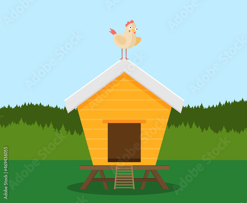 Cartoon vector icon of bright red chicken coop, fresh eggs in the nest.