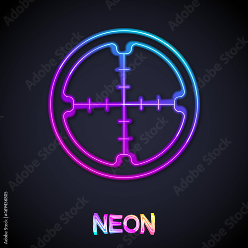 Glowing neon line Sniper optical sight icon isolated on black background. Sniper scope crosshairs. Vector
