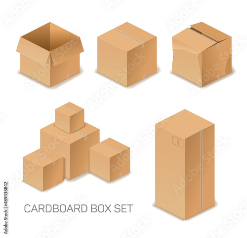 Isometric illustration of cardboard boxes. Open the box, closed box, the box broken. Isometric icon
