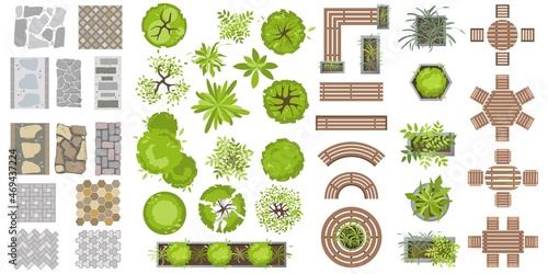Wooden furniture and tile path top view. Set of benches, plants in pots and tile for landscape design. Collection of architectural elements for projects. Table, chair, bench, pot, tree. Vector flat