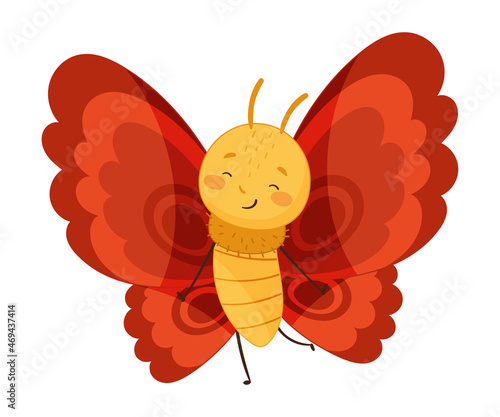 Adorable baby butterfly with bright red wings and funny smiling face cartoon vector illustration