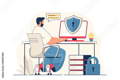Cyber security concept for web banner. Man gets access using password, online protection of personal accounts, modern person scene. Vector illustration in flat cartoon design with people characters