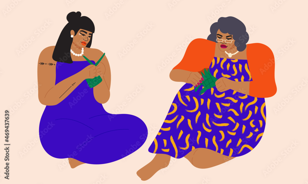 Illustration of grandmother and granddaughter weaving Illustration of grandmother and granddaughter weaving