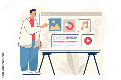 Content manager concept for web banner. Man fills site with video, audio and graphic content and analyzes data, modern person scene. Vector illustration in flat cartoon design with people characters