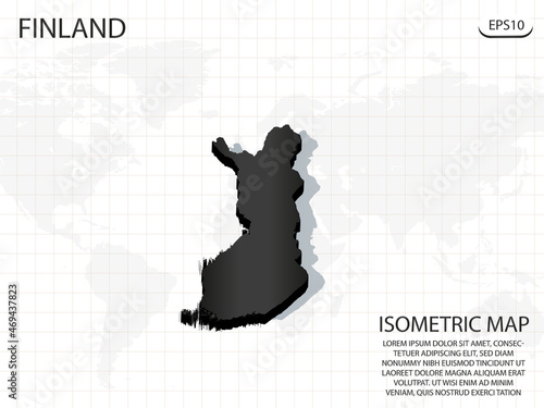 3D Map black of Finland on world map background .Vector modern isometric concept greeting Card illustration eps 10.