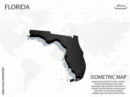 3D Map black of Florida on world map background .Vector modern isometric concept greeting Card illustration eps 10.