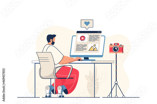 Blogging concept for web banner. Man blogger writes article and publishes new post in blog for followers, modern person scene. Vector illustration in flat cartoon design with people characters