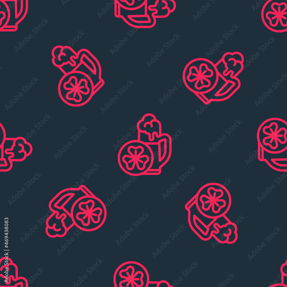Red line Glass of beer icon isolated seamless pattern on black background. Happy Saint Patricks day. National Irish holiday. Vector Red line Glass of beer icon isolated seamless pattern on black background. Happy Saint Patricks day. National Irish holiday. Vector