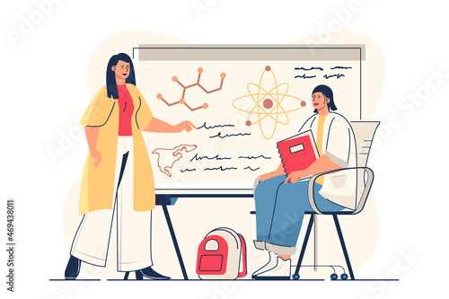 School learning concept for web banner. Student studying in classroom lesson, teacher explaining near blackboard, modern person scene. Vector illustration in flat cartoon design with people characters