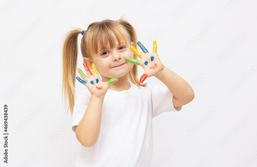 cheerful little girl with hands in paints isolated on white cheerful little girl with hands in paints isolated on white