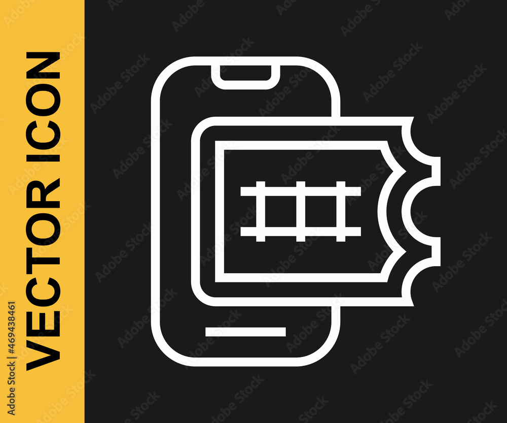 White line Online ticket booking and buying app interface icon isolated on black background. E-tickets ordering. Electronic train ticket on screen. Vector White line Online ticket booking and buying app interface icon isolated on black background. E-tickets ordering. Electronic train ticket on screen. Vector