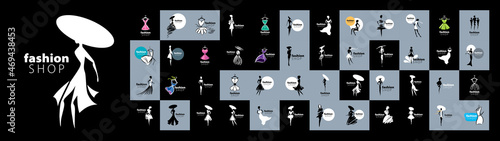 A set of vector logos with painted female figures in fashionable dresses