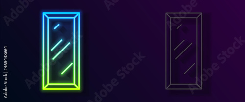 Glowing neon line Big full length mirror for bedroom, shops, backstage icon isolated on black background. Vector