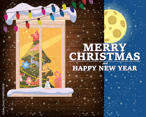 Merry Chrismas, window, night moon, decoraions garland retro, living room christmas tree. Xmas and new Year holiday celebration. Vector illustration flat cartoon style photo