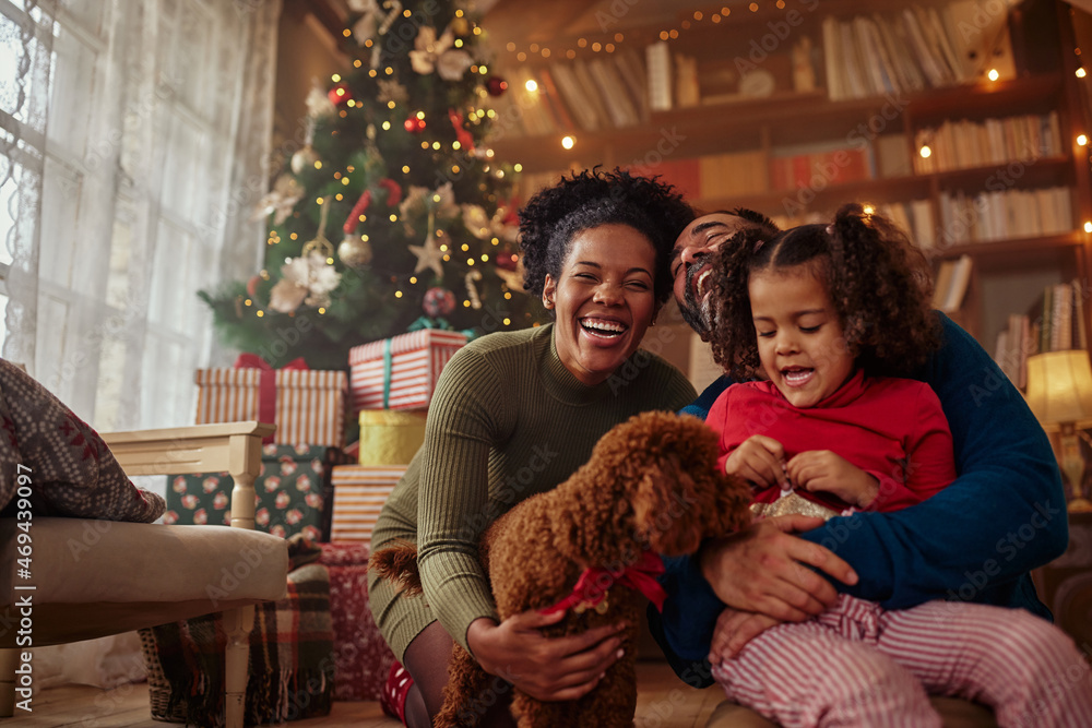 Mixed race family and dog during Christmastime Mixed race family and dog during Christmastime