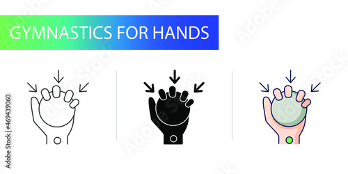 Carpal tunnel syndrome, icons set, squeezing the ball with all fingers at once