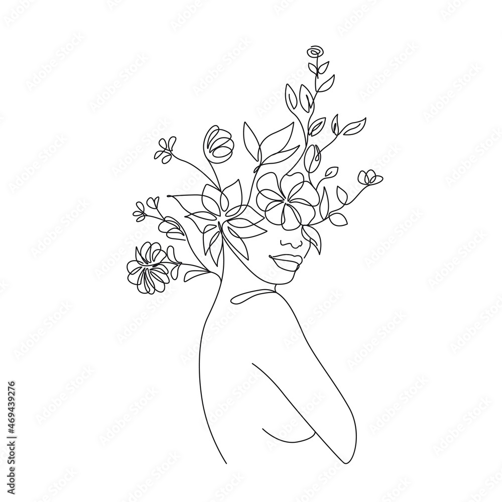 Woman Face with Flowers Line Art Drawing. Floral Female Head One Line