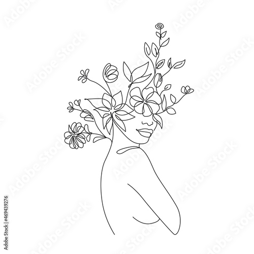 Woman Face with Flowers Line Art Drawing. Floral Female Head One Line Drawing for Wall Art, Fashion Prints, Posters. Art Sketch Print, Black And White Single Line Art, Feminine Poster. Vector EPS 10