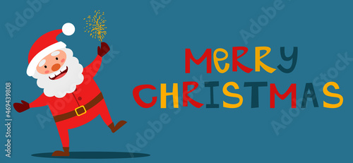A postcard with a happy Santa Claus and the inscription Merry Christmas. Vector illustration in a flat style