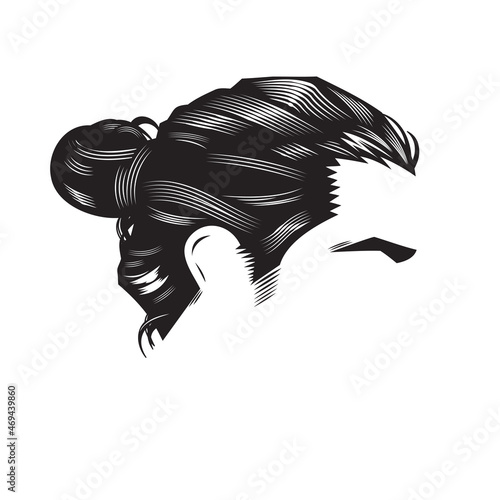 Man face with vintage hairstyles Bun Undercut vector line art illustration.