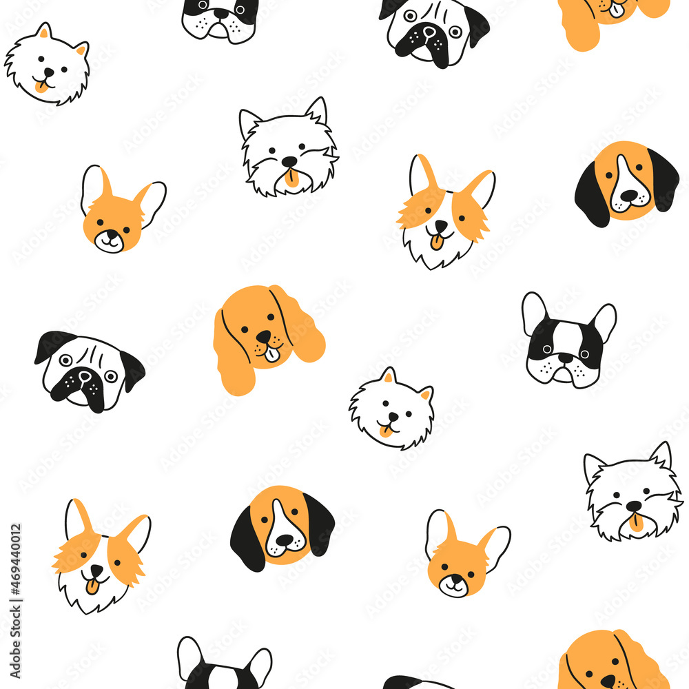 Obraz premium Seamless pattern with faces of different breeds dogs. Corgi, Pug, Chihuahua, Terrier, Pomeranian, Spaniel. Texture with dog heads. Hand drawn vector illustration in doodle style on white background
