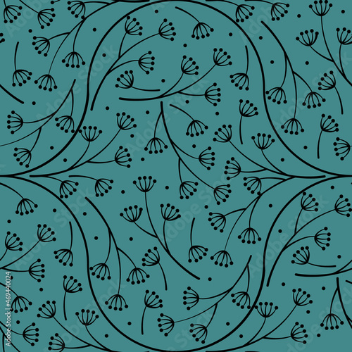 Seamless pattern with a dill plant on a green background. the Damascus grid. The illustration is used for a magazine, book, poster, postcard, web pages.