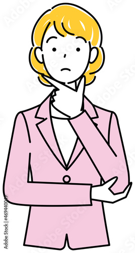 解決策を考えているスーツ姿の可愛いい女性 イラスト ベクター Cute woman in a suit thinking of a solution. illustration vector