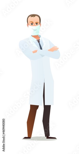 Optimistic doctor in dressing gown and humor mask. Cheerful persons in standing pose. Cartoon comic style flat design. Separate character. Illustration isolated on white background. Vector