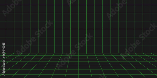 3d wireframe grid room. 3d perspective laser grid. Cyberspace black background with green mesh. Futuristic digital wall in virtual reality. Vector illustration.