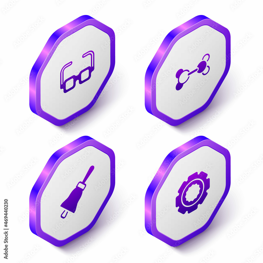 Set Isometric Glasses, Molecule, Ringing bell and Gear icon. Purple hexagon button. Vector Set Isometric Glasses, Molecule, Ringing bell and Gear icon. Purple hexagon button. Vector