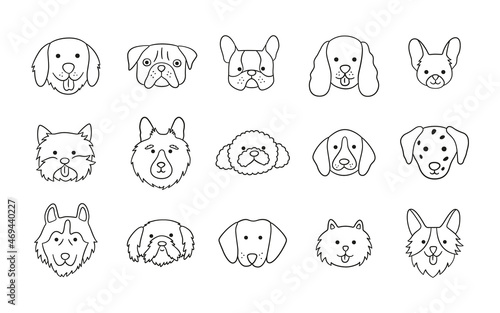 Faces of different breeds dogs set. Corgi, Beagle, Spitz Chihuahua, Terrier, Retriever, Spaniel, Poodle. Collection of doodle dog heads. Hand drawn vector illustration isolated on white background.