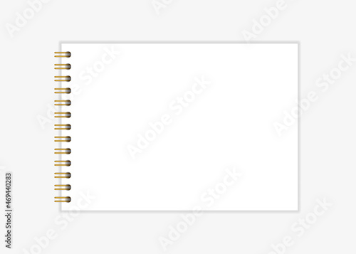 Notebook mockup with gold spiral. Wire bound blank paper note book template. Horizontal A4 sheets with gold spiral binding. Vector illustration isolated on realistic style on light background.