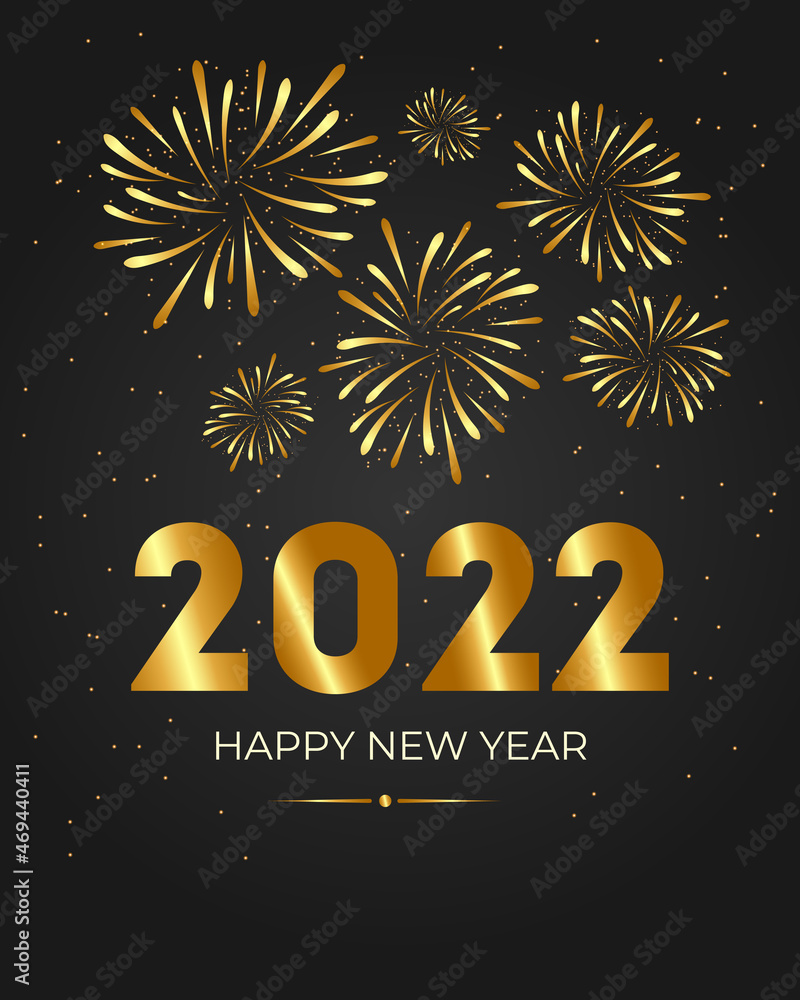 Greeting card Happy New year with fireworks and gold number 2022. Fireworks New Year 2022 background.
