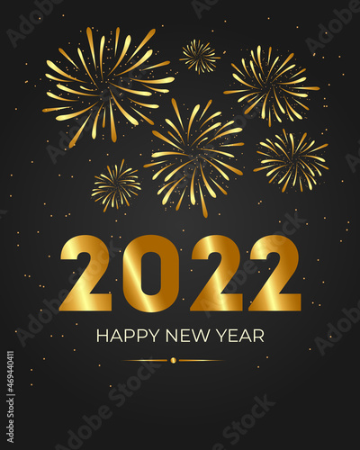 Greeting card Happy New year with fireworks and gold number 2022. Fireworks New Year 2022 background.