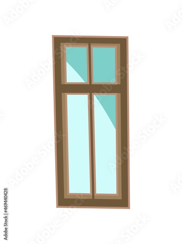 Window is rectangular. Simple and flat style. Blue glass. Day. Cartoon cute fairy tale design. Isolated on white background. Vector