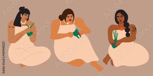 Illustration of women weaving together with palm leaves photo