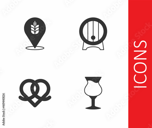 Set Glass of beer, Wheat, Pretzel and Wooden barrel on rack icon. Vector