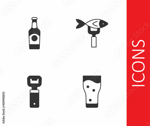 Set Glass of beer, Beer bottle, Bottle opener and Dried fish icon. Vector