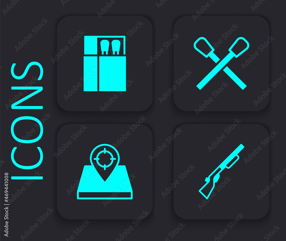 Set Hunting gun, Open matchbox and matches, Burning with fire and place icon. Black square button. Vector Set Hunting gun, Open matchbox and matches, Burning with fire and place icon. Black square button. Vector