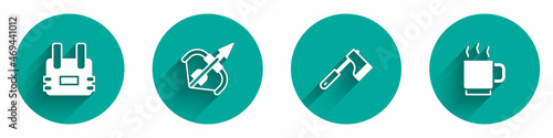 Set Bulletproof vest, Medieval bow and arrow, Wooden axe and Coffee cup icon with long shadow. Vector