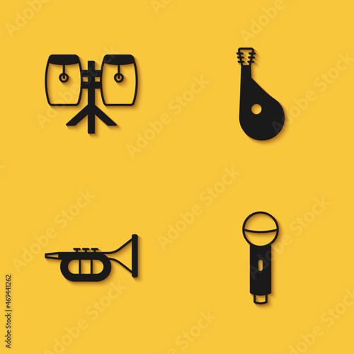Set Conga drums, Microphone, Trumpet and Bandura icon with long shadow. Vector
