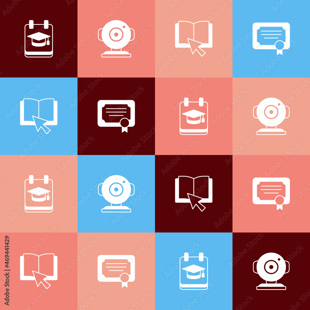 Set pop art Online education, Web camera, book and Certificate template icon. Vector Set pop art Online education, Web camera, book and Certificate template icon. Vector