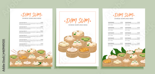 Dim sum dumplings menu template set for chinese cuisine restaurant. Vector design of menu layout with illustrations of asian traditional dumplings dimsum momo, baozi with space for text and price.
