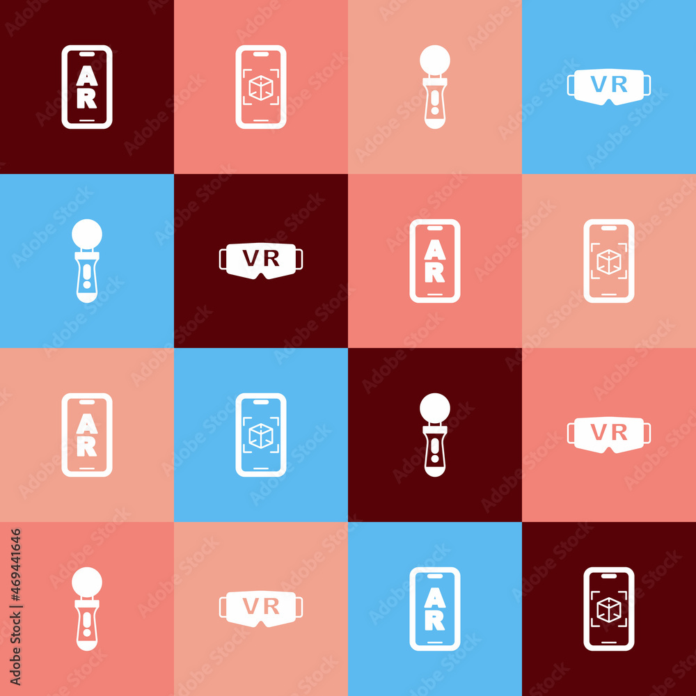 Set pop art Augmented reality AR, 3d modeling, VR controller game and Virtual glasses icon. Vector