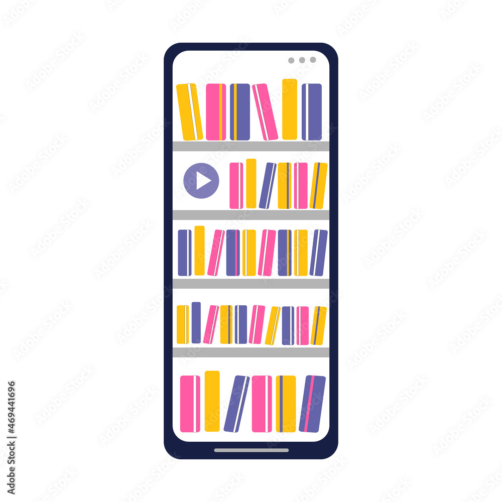 Concept with a mobile phone and books. Digital library with audiobooks, podcasts, and courses. Vector illustration in a modern flat style. Concept with a mobile phone and books. Digital library with audiobooks, podcasts, and courses. Vector illustration in a modern flat style.