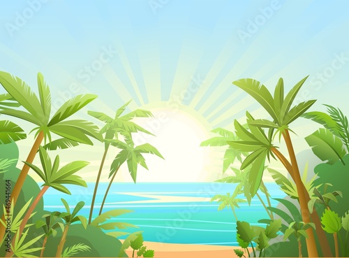 Sea beach. Summer seascape. Far away is the ocean horizon. Calm weather. View from rainforest jungle. Flat style illustration. Vector.