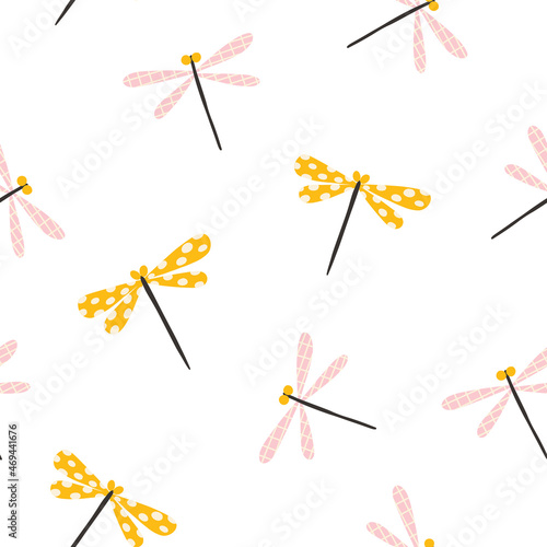 Dragonfly seamless pattern. Cute doodle hand drawn insects in trendy pastel colors. Sweet funny scandinavian dragonflies for kids textile. Delicate and trendy design.